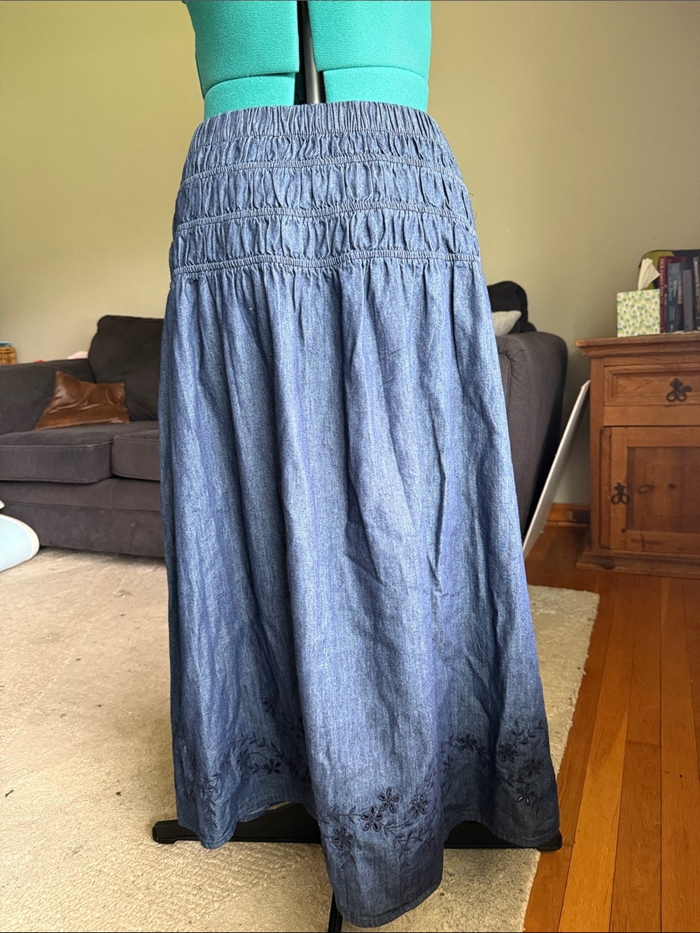 Smocked Waist Denim-Effect Maxi Skirt in Blue